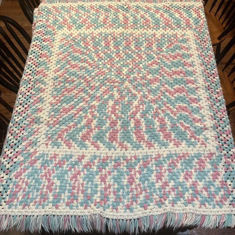 Vintage Handmade Crochet Afghan Throw Pastel Pink Blue‎ Cream Fringe 52" x 53"